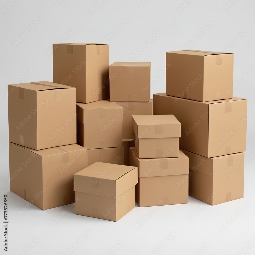 A stack of cardboard boxes with a white background A stack of cardboard boxes with a white background