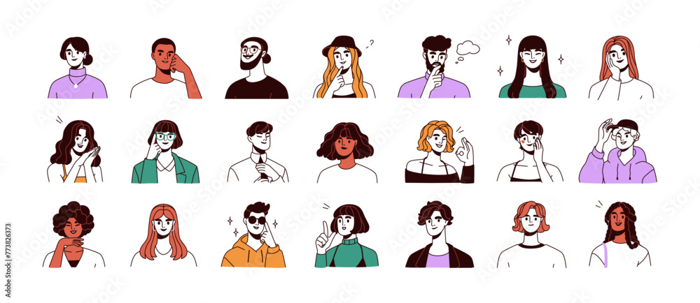 Fototapeta premium People avatars set. Young men and women with thinking face expressions. Modern line character heads, happy smiling thoughtful girls and guys. Flat vector illustrations isolated on white background