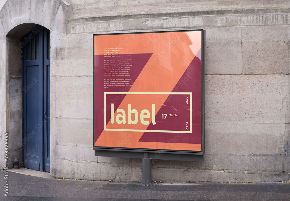 Mockup of customizable square sign on building Stock Template | Adobe Stock