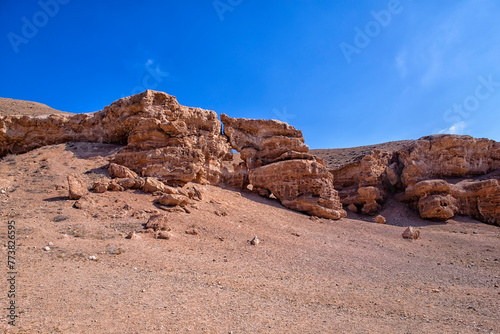 The huge Charyn Canyon in the desert of Kazakhstan. Cloudless blue sky. Dried yellow grass and the scorching sun on a hot summer day. Lots of oddly shaped rocks and stones