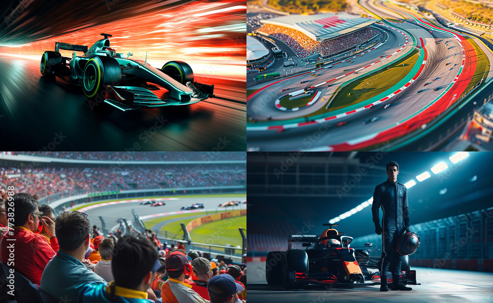 Collage of dynamic Formula One scenes, featuring a speeding race car, a packed stadium with enthusiastic fans, and a focused driver ready to compete.
