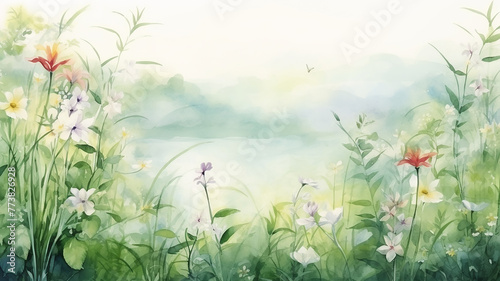 spring art background, delicate multicolored flowers in spring green grass on a white background watercolor design