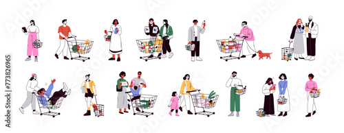 People with shopping carts set. Buyers, consumers with grocery trolleys and supermarket baskets walking. Customers with pushcarts. Flat graphic vector illustrations isolated on white background