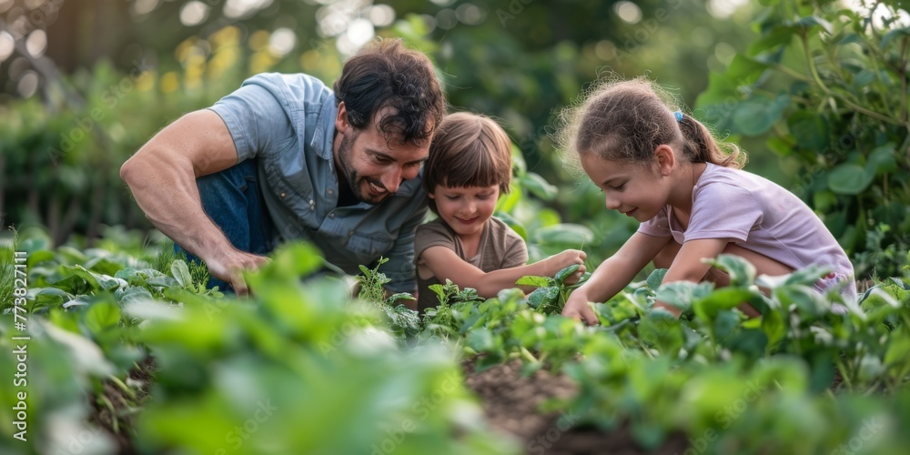 Family working on allotment together Family working on allotment together