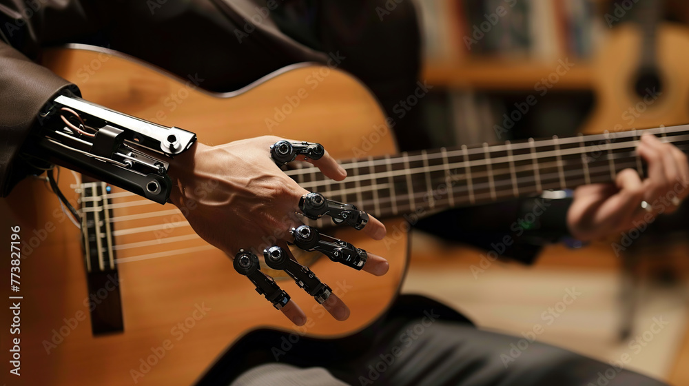 Fototapeta premium .A man with a bionic prosthetic arm plays an acoustic guitar