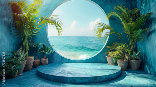 A round podium in a tropical environment with palm trees and sea
