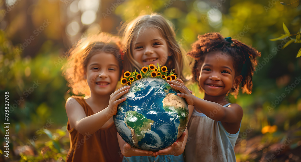 Group of children play with planet earth over defocused nature background with copy space, multiracial children holding world in hands against green spring background, earth day concept. Group of children play with planet earth over defocused nature background with copy space, multiracial children holding world in hands against green spring background, earth day concept.