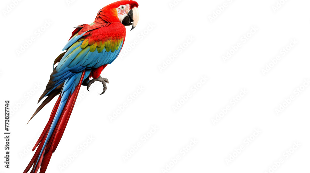 Obraz premium A vibrant red and blue parrot gracefully sits atop a tree branch in peaceful surroundings