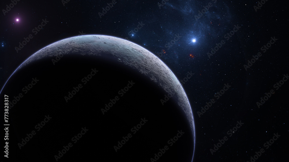 Crescent moon planet emerging from the darkness with a backdrop of distant stars and nebulae