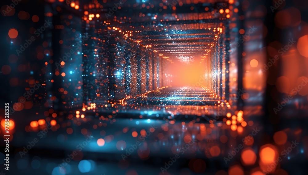 Fototapeta premium A dark tunnel with a bright orange light shining through it by AI generated image