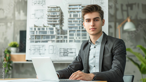 .a young man in business clothes is sitting at a laptop. behind him, on paper, is a drawing of a multi-storey building