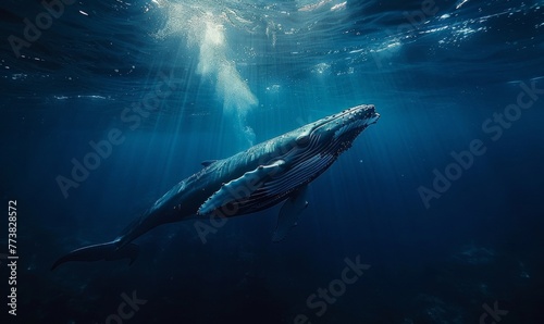 A deep-sea view with a majestic blue whale swimming in the midst, Generative AI