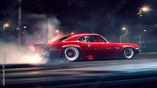 Old red car drifting with lots of smoke from burning tires on speed track at night.
