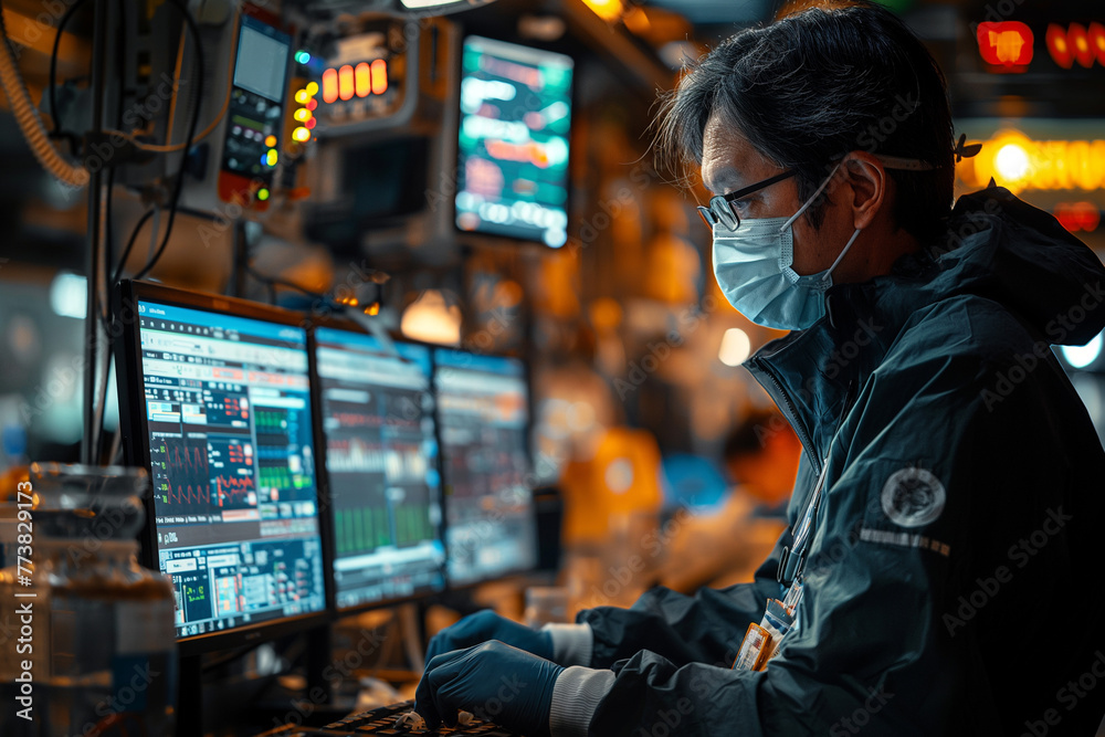 Fototapeta premium Doctor wearing a mask and gloves while using a computer