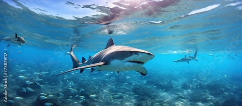 Predatory sharks swim in the depths of sea water  wild fish life