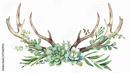 Watercolor antler with succulent leaves and branch