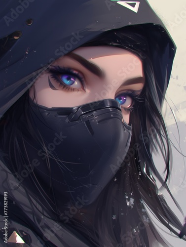 portrait of a assasin woman.with a hoodie and black mask