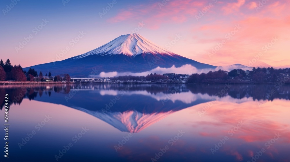 A mountain with a snowy peak and a lake with a reflection of the mountain