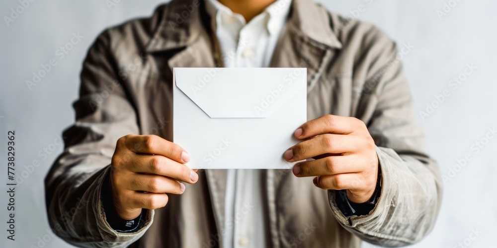 A man holds a white envelope in his hands. A man holds a white envelope in his hands.