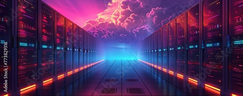 Computer in the data center. Cloud computing service on a large server farm. vector simple illustration