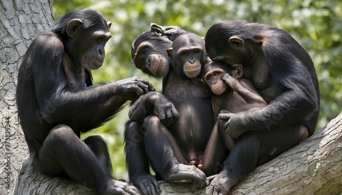 a family of chimpanzees grooming each others fur upscaled 22 photo