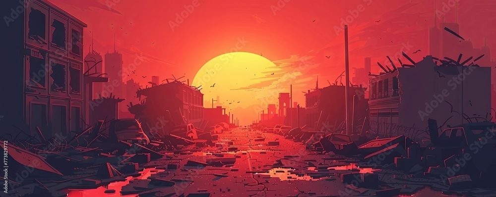 A street with houses in a ruined city on fire after a military disaster and explosions. vector simple illustration A street with houses in a ruined city on fire after a military disaster and explosions. vector simple illustration