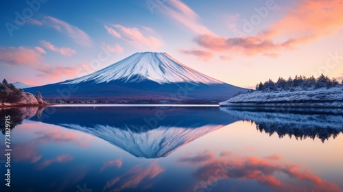 A mountain with snow on it and a lake in the background photo