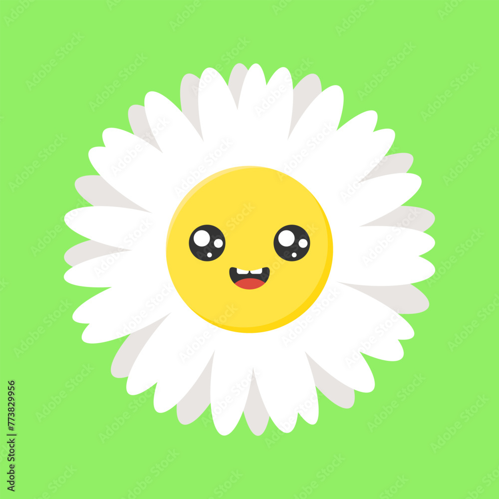 Kawaii flower flat illustration. White chamomile with smiling face on green background.