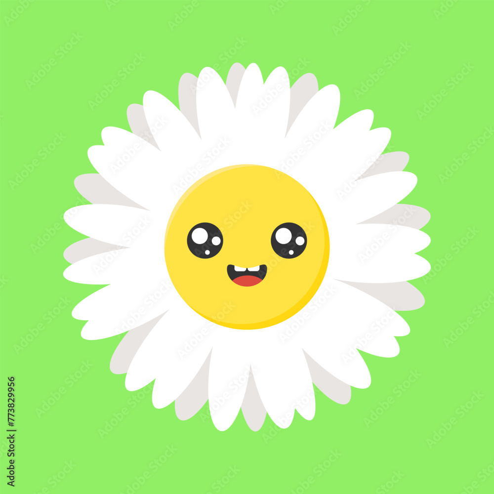 Kawaii flower flat illustration. White chamomile with smiling face on green background. Kawaii flower flat illustration. White chamomile with smiling face on green background.
