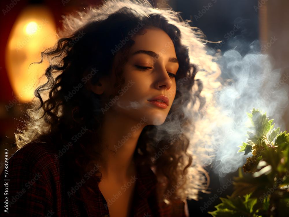 Close up portrait of a young woman smoking cannabis joint 