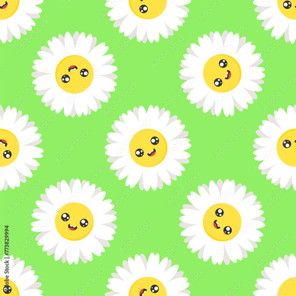 Kawaii flowers vector seamless pattern. White chamomilles with smiling faces on green background.