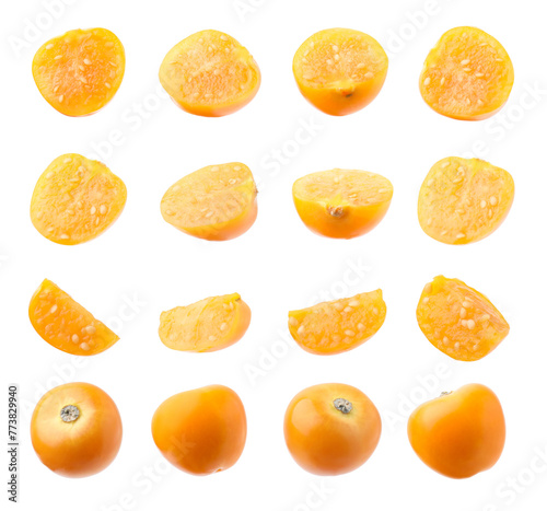 Cut and whole orange physalis fruits isolated on white, set