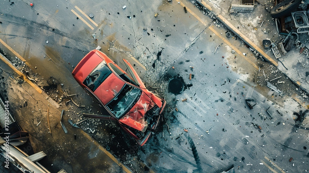 a car wreck abandoned on the road is a sad sight, generated by AI