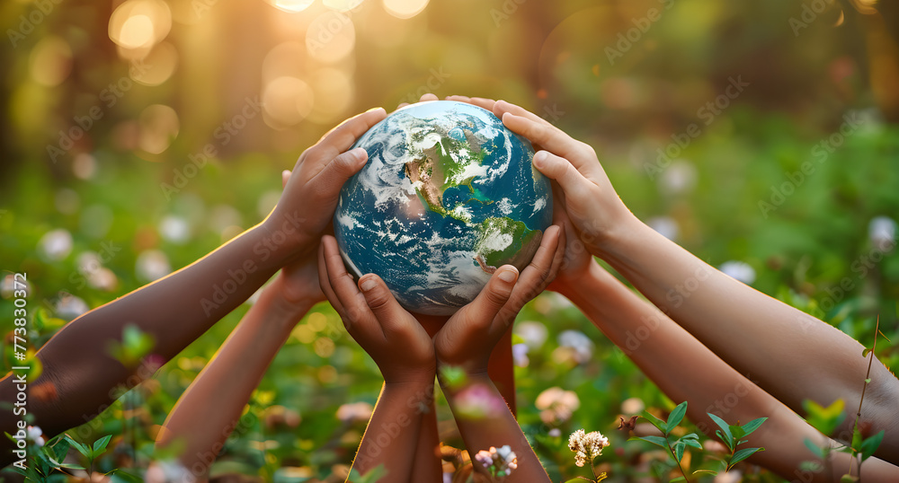 Multiracial children holding world in hands against green spring background, earth day concept Multiracial children holding world in hands against green spring background, earth day concept