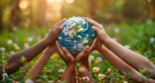 Multiracial children holding world in hands against green spring background, earth day concept