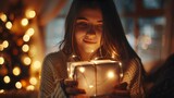 Pretty brunette woman opens an adorable present with lights
