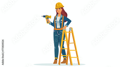 Woman cartoon with construction drill on ladder design
