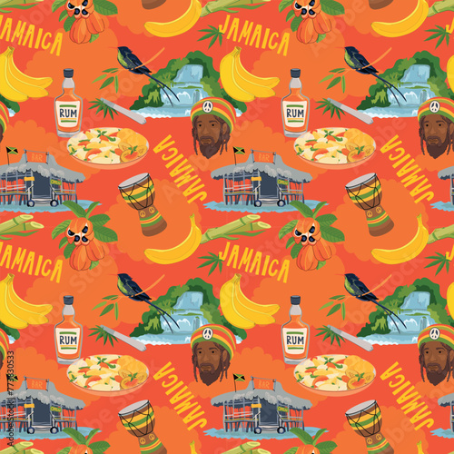 Seamless pattern in Rasta colors. Jamaican vector pattern. Rum, ackee fruit, hummingbird, waterfall, beach bar, rastafarian, giant drum in flat style on orange background.
