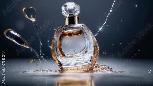 Elegant Perfume Bottle Splashing Against Dark Backdrop
