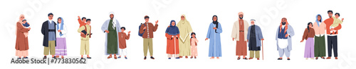 Muslim people set. Arab characters, men, women and kids, couple and families in traditional clothes, hijab, headscarf, dressed in islam apparel. Flat vector illustrations isolated on white background