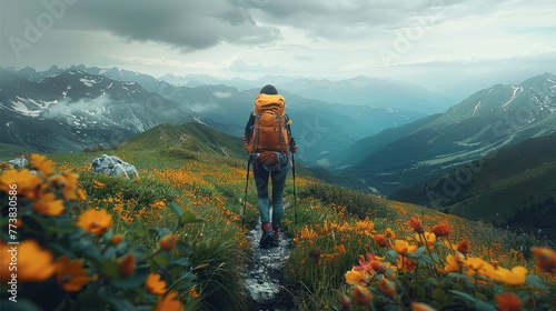 Overlooking a mountain trail during spring, with a person climbing it with a backpack full of gear related, ready to explore new peaks and achievements. Generative AI.