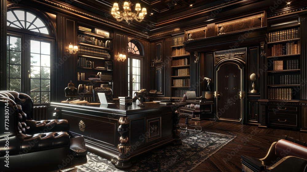 A sophisticated study adorned with dark wood paneling and black leather furniture, featuring a grand desk and shelves lined with leather-bound books, 