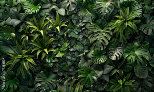 A green wall of soft leaves and large houseplants  Generative AI