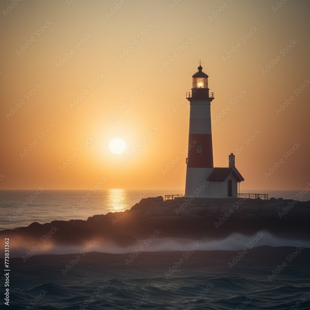 Lighthouse, stunning sunset, reflection of sunrise in water and sea, steps to the building, coast, sandy beach