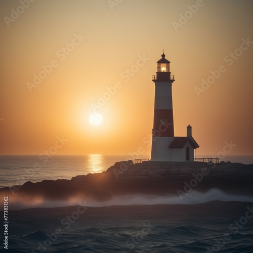 Lighthouse, stunning sunset, reflection of sunrise in water and sea, steps to the building, coast, sandy beach © SandaRina