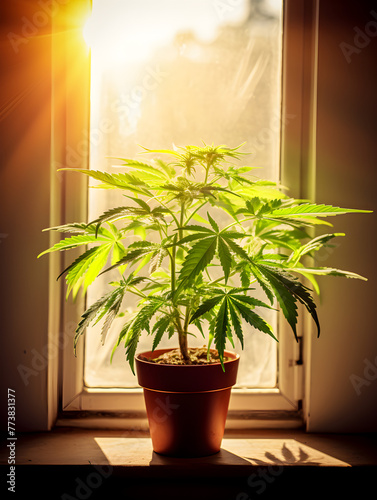 A green cannabis marijuana plant growing in pot on window sill at home  blurry background 