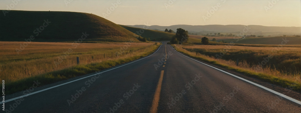 Roadside Vantage Point of Quiet Rural Highway Cutting through Rolling Hills at Sunrise.