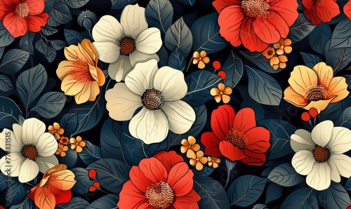 Seamless pattern llustration Abstract Flowers, Generative AI photo