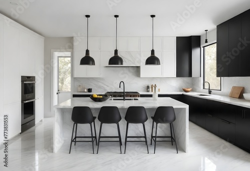Close-up Marble Kitchen Bench with Pendant & Vase photo
