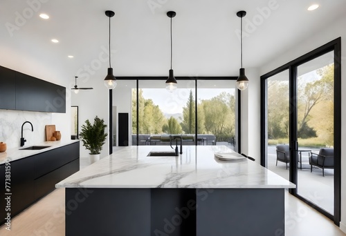 Close-up Marble Kitchen Bench with Pendant & Vase photo